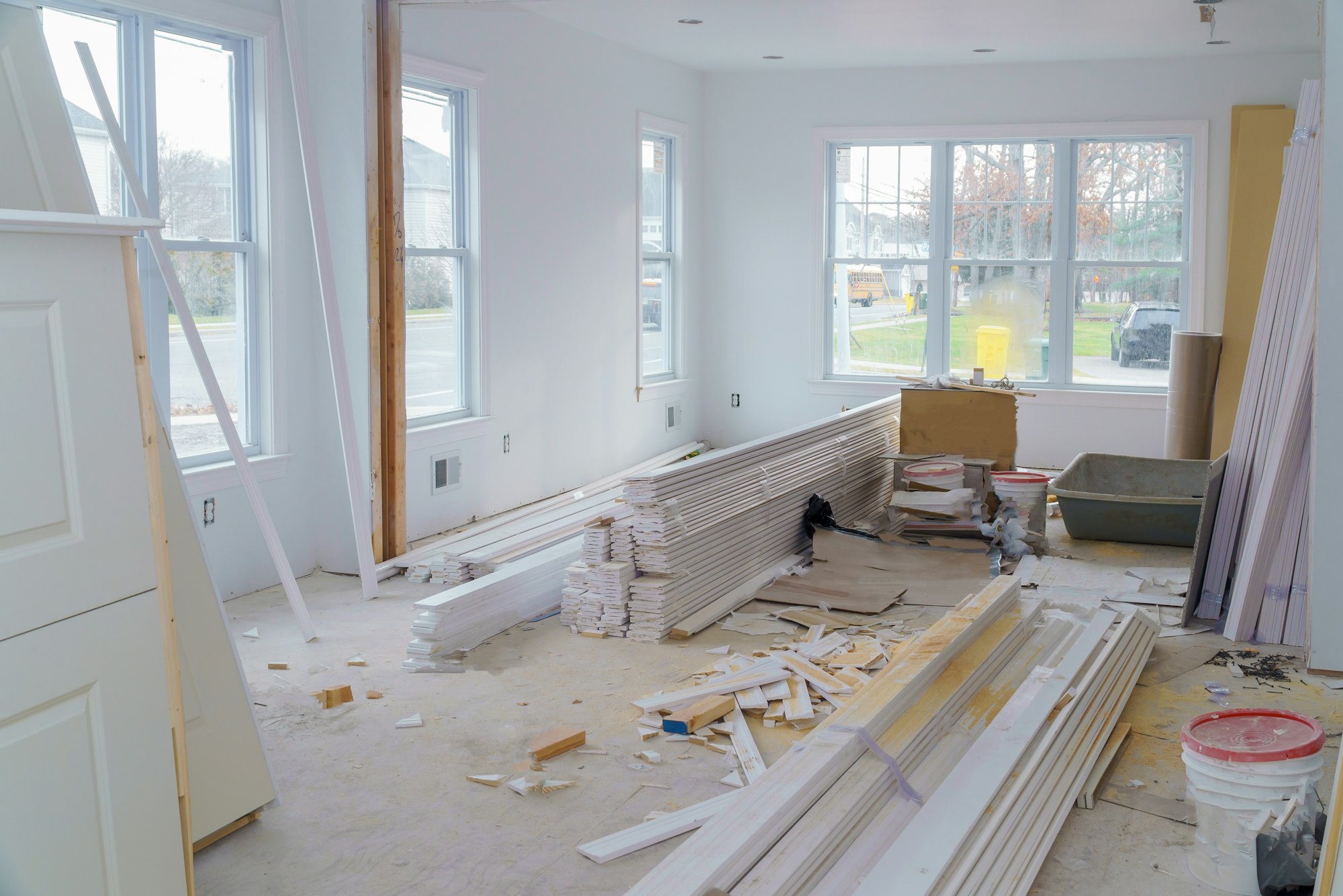 Interior construction of housing with drywall installed door for a new home before installing